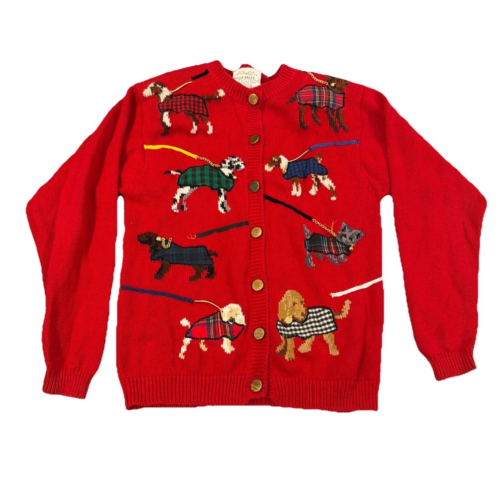 Vtg Susan Bristol Petite S Dogs On Leashes Embroidered Cardigan Sweater 1995‎